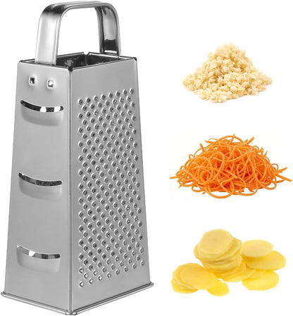 8-Inch Box Cheese Grater with Handle - Heavy Duty Stainless Steel 4-Sided Vegetable Slicer, Shredder & Zester, Potato & Citrus - Multipurpose Manual Kitchen Food Tool