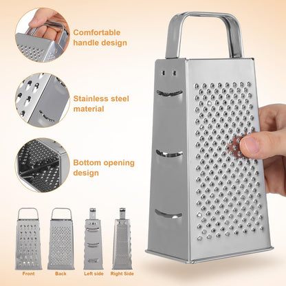 8-Inch Box Cheese Grater with Handle - Heavy Duty Stainless Steel 4-Sided Vegetable Slicer, Shredder & Zester, Potato & Citrus - Multipurpose Manual Kitchen Food Tool