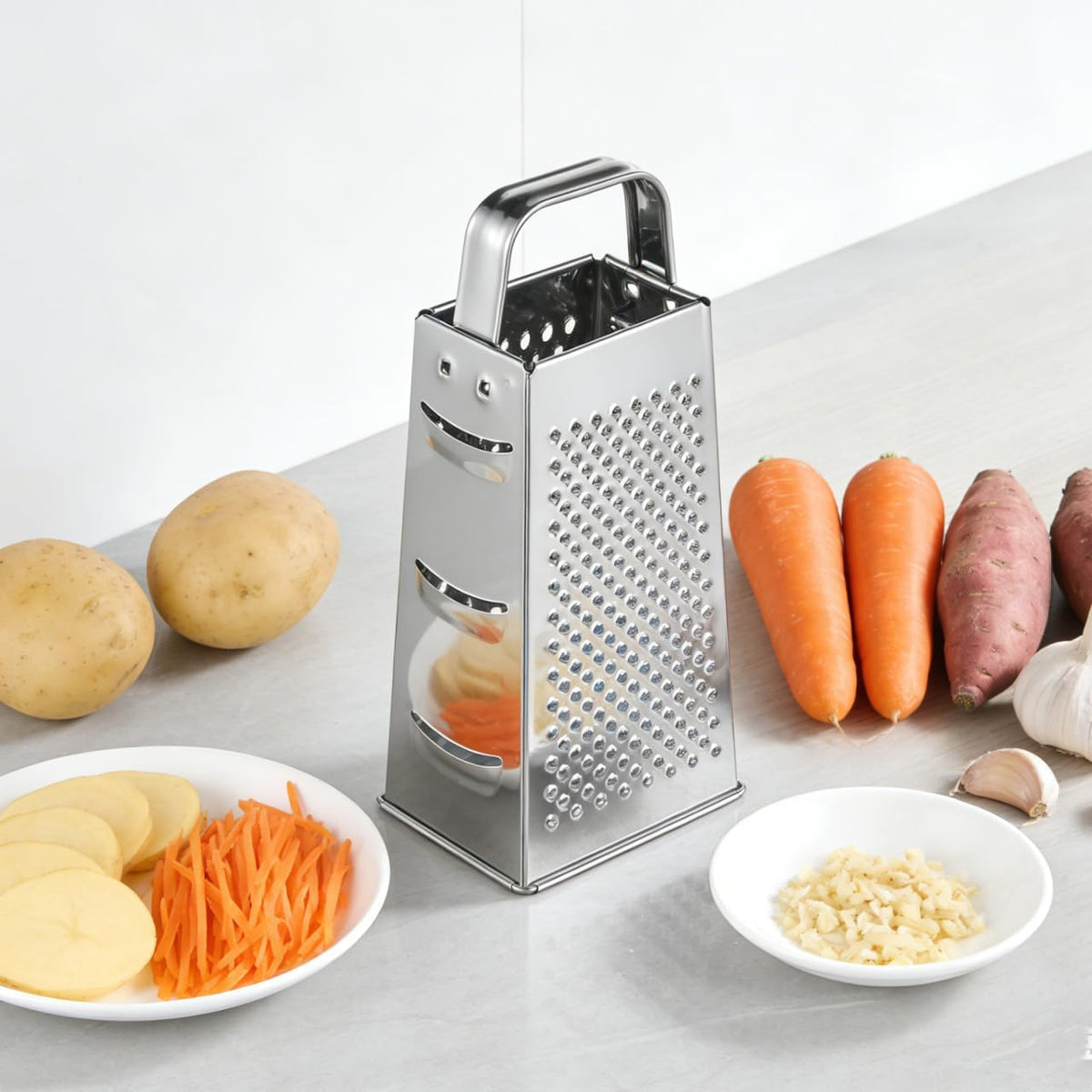 8-Inch Box Cheese Grater with Handle - Heavy Duty Stainless Steel 4-Sided Vegetable Slicer, Shredder & Zester, Potato & Citrus - Multipurpose Manual Kitchen Food Tool