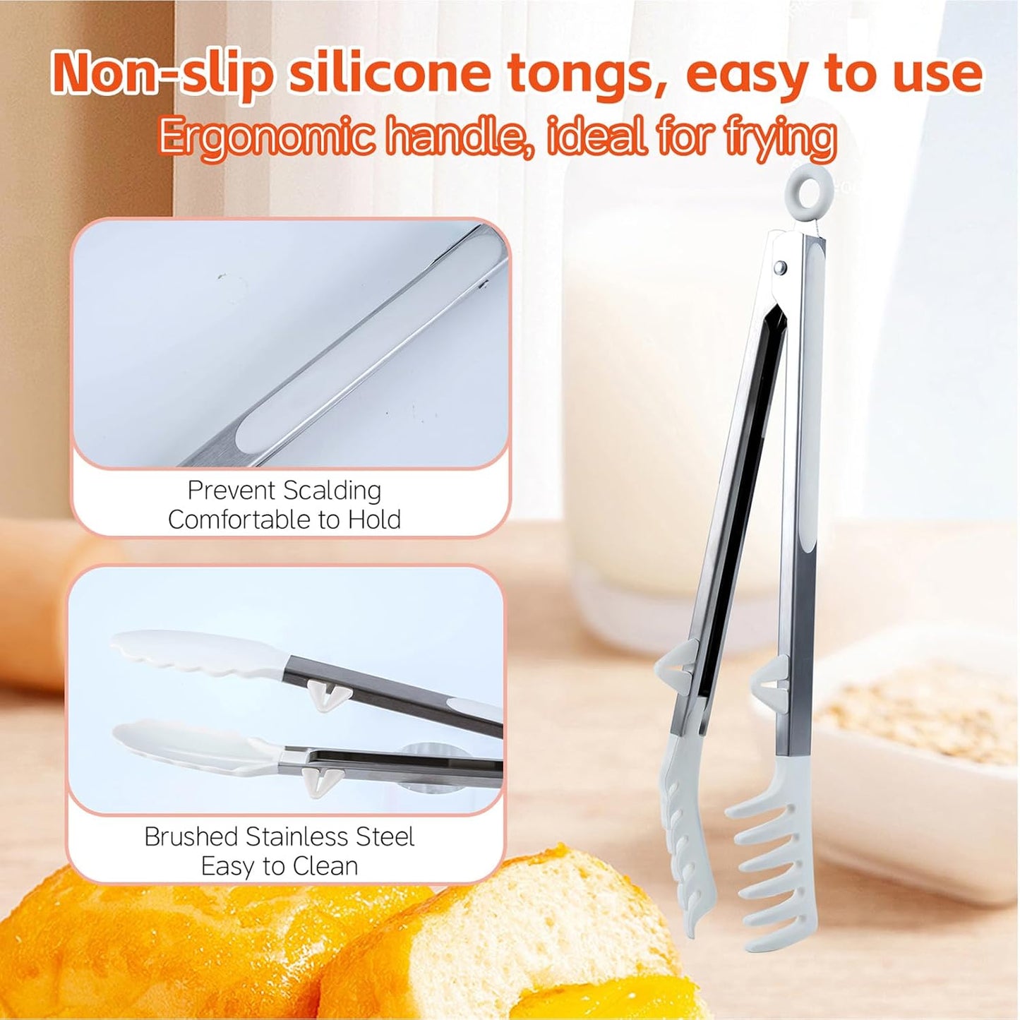 Kitchen Tongs,Set Of 3 Tongs with Silicone Tip for Cooking 9/12 Inch Stainless Steel Kitchen Tong for Meat,Food Grill,Salad,BBQ,Frying,Serving,Dishwasher (white, 12inch)