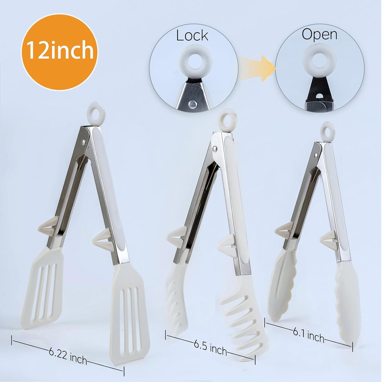 Kitchen Tongs,Set Of 3 Tongs with Silicone Tip for Cooking 9/12 Inch Stainless Steel Kitchen Tong for Meat,Food Grill,Salad,BBQ,Frying,Serving,Dishwasher (white, 12inch)