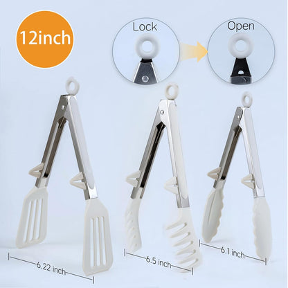 Kitchen Tongs,Set Of 3 Tongs with Silicone Tip for Cooking 9/12 Inch Stainless Steel Kitchen Tong for Meat,Food Grill,Salad,BBQ,Frying,Serving,Dishwasher (white, 12inch)