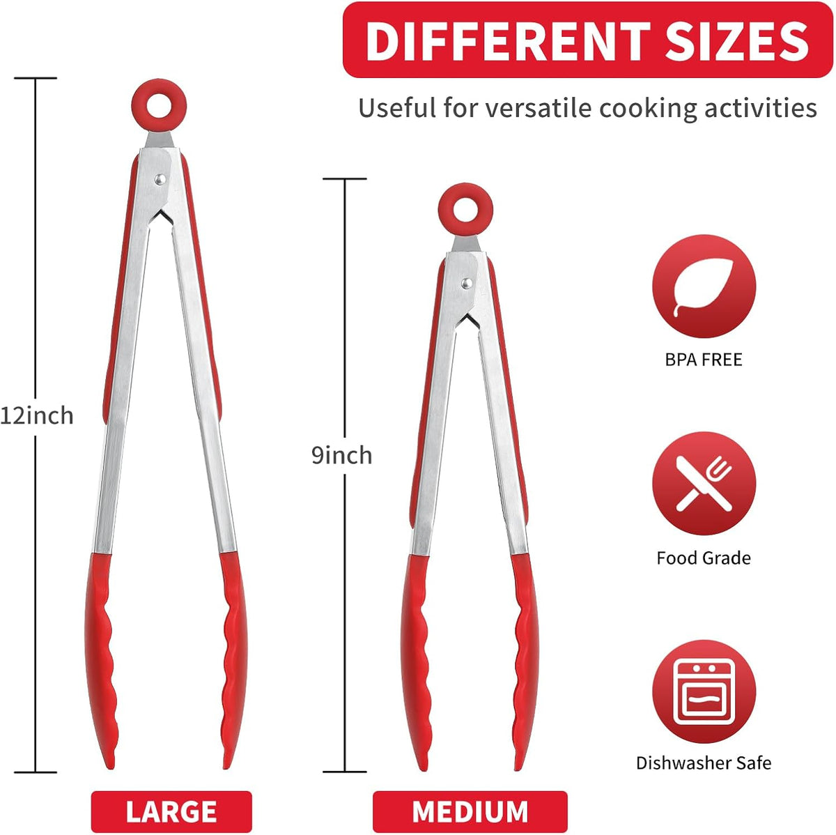Kitchen Tongs,Set Of 3 Tongs with Silicone Tip for Cooking 9/12 Inch Stainless Steel Kitchen Tong for Meat,Food Grill,Salad,BBQ,Frying,Serving,Dishwasher (white, 12inch)