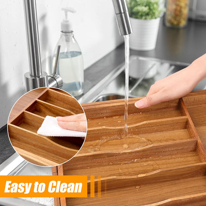 Kitchen Silverware Drawer Organizer and Storage Bamboo Wood Cooking Utensil Holder Cutlery Knife Jewelry Spice Rack Spoon Fork Multi Cabinet Organization Bathroom Counter Expandable Adjustable Tray