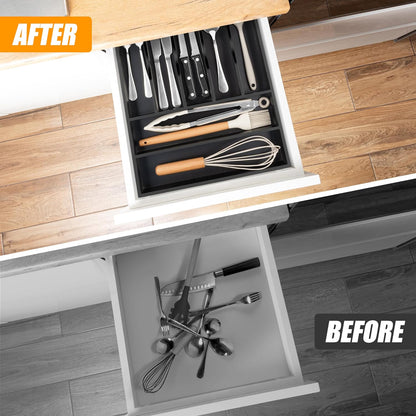 Kitchen Silverware Drawer Organizer and Storage Bamboo Wood Cooking Utensil Holder Cutlery Knife Jewelry Spice Rack Spoon Fork Multi Cabinet Organization Bathroom Counter Expandable Adjustable Tray