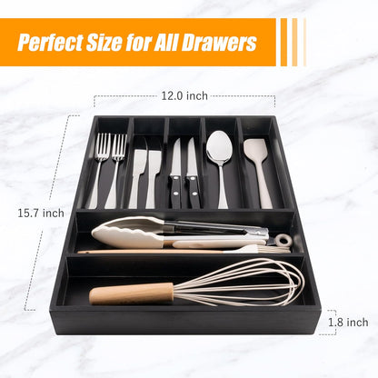 Kitchen Silverware Drawer Organizer and Storage Bamboo Wood Cooking Utensil Holder Cutlery Knife Jewelry Spice Rack Spoon Fork Multi Cabinet Organization Bathroom Counter Expandable Adjustable Tray