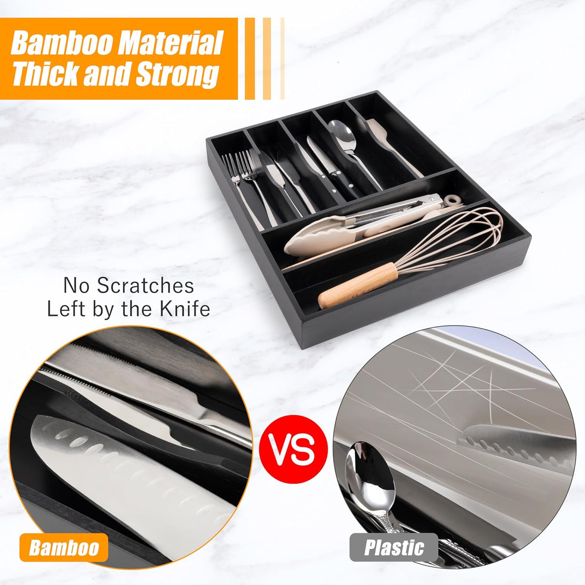 Kitchen Silverware Drawer Organizer and Storage Bamboo Wood Cooking Utensil Holder Cutlery Knife Jewelry Spice Rack Spoon Fork Multi Cabinet Organization Bathroom Counter Expandable Adjustable Tray