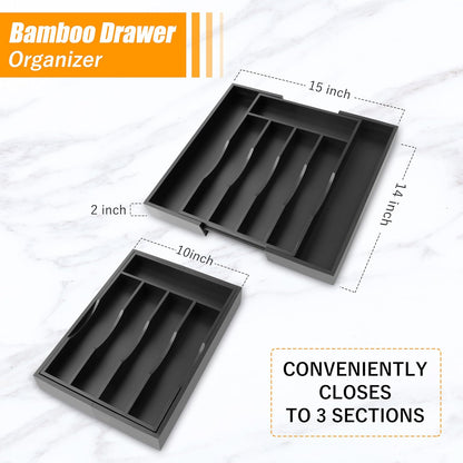 Kitchen Silverware Drawer Organizer and Storage Bamboo Wood Cooking Utensil Holder Cutlery Knife Jewelry Spice Rack Spoon Fork Multi Cabinet Organization Bathroom Counter Expandable Adjustable Tray