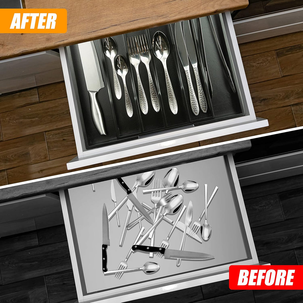 Kitchen Silverware Drawer Organizer and Storage Bamboo Wood Cooking Utensil Holder Cutlery Knife Jewelry Spice Rack Spoon Fork Multi Cabinet Organization Bathroom Counter Expandable Adjustable Tray