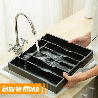 Kitchen Silverware Drawer Organizer and Storage Bamboo Wood Cooking Utensil Holder Cutlery Knife Jewelry Spice Rack Spoon Fork Multi Cabinet Organization Bathroom Counter Expandable Adjustable Tray