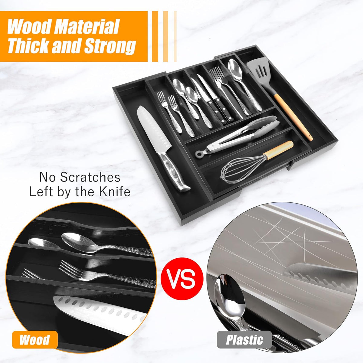 Kitchen Silverware Drawer Organizer and Storage Bamboo Wood Cooking Utensil Holder Cutlery Knife Jewelry Spice Rack Spoon Fork Multi Cabinet Organization Bathroom Counter Expandable Adjustable Tray