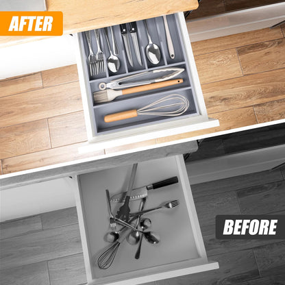 Kitchen Silverware Drawer Organizer and Storage Bamboo Wood Cooking Utensil Holder Cutlery Knife Jewelry Spice Rack Spoon Fork Multi Cabinet Organization Bathroom Counter Expandable Adjustable Tray