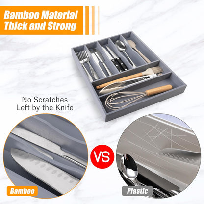 Kitchen Silverware Drawer Organizer and Storage Bamboo Wood Cooking Utensil Holder Cutlery Knife Jewelry Spice Rack Spoon Fork Multi Cabinet Organization Bathroom Counter Expandable Adjustable Tray