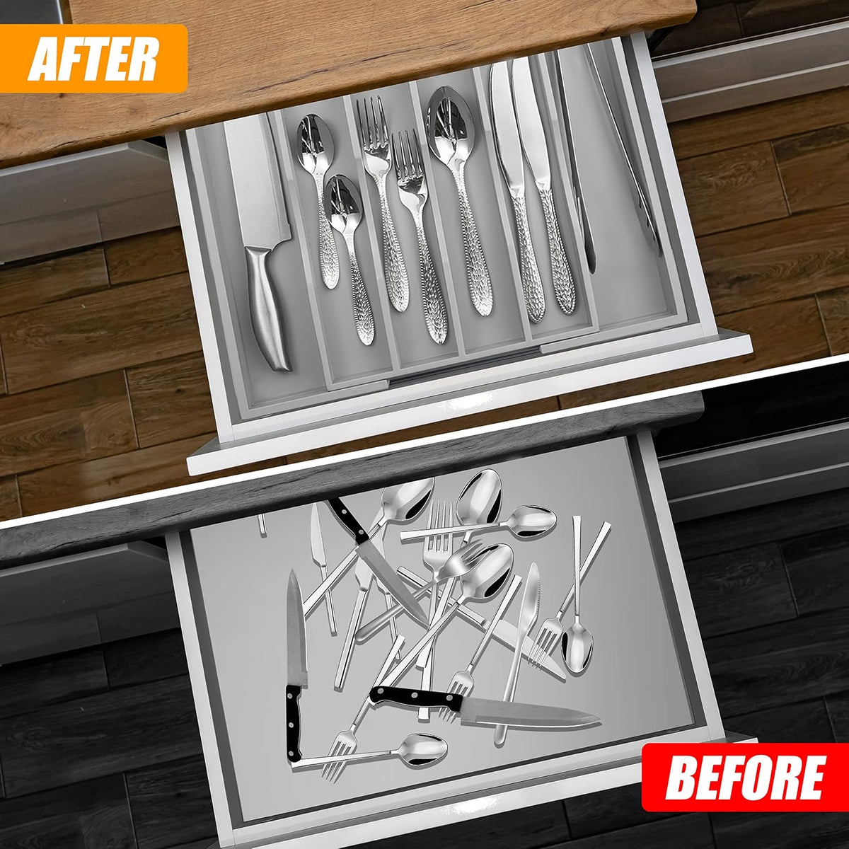 Kitchen Silverware Drawer Organizer and Storage Bamboo Wood Cooking Utensil Holder Cutlery Knife Jewelry Spice Rack Spoon Fork Multi Cabinet Organization Bathroom Counter Expandable Adjustable Tray