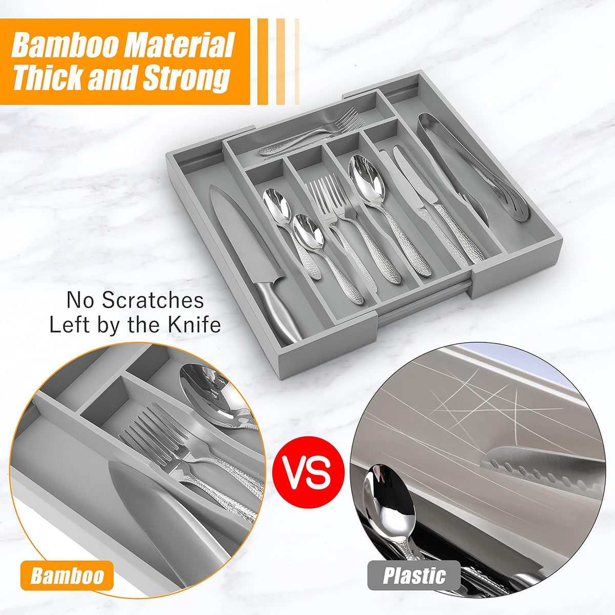 Kitchen Silverware Drawer Organizer and Storage Bamboo Wood Cooking Utensil Holder Cutlery Knife Jewelry Spice Rack Spoon Fork Multi Cabinet Organization Bathroom Counter Expandable Adjustable Tray