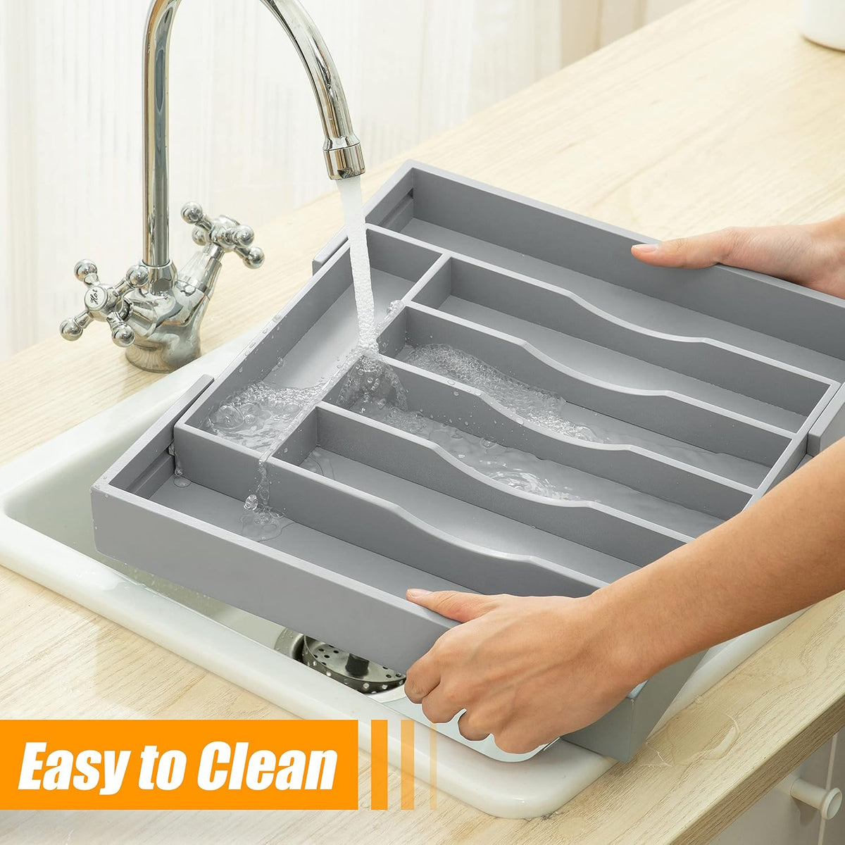 Kitchen Silverware Drawer Organizer and Storage Bamboo Wood Cooking Utensil Holder Cutlery Knife Jewelry Spice Rack Spoon Fork Multi Cabinet Organization Bathroom Counter Expandable Adjustable Tray