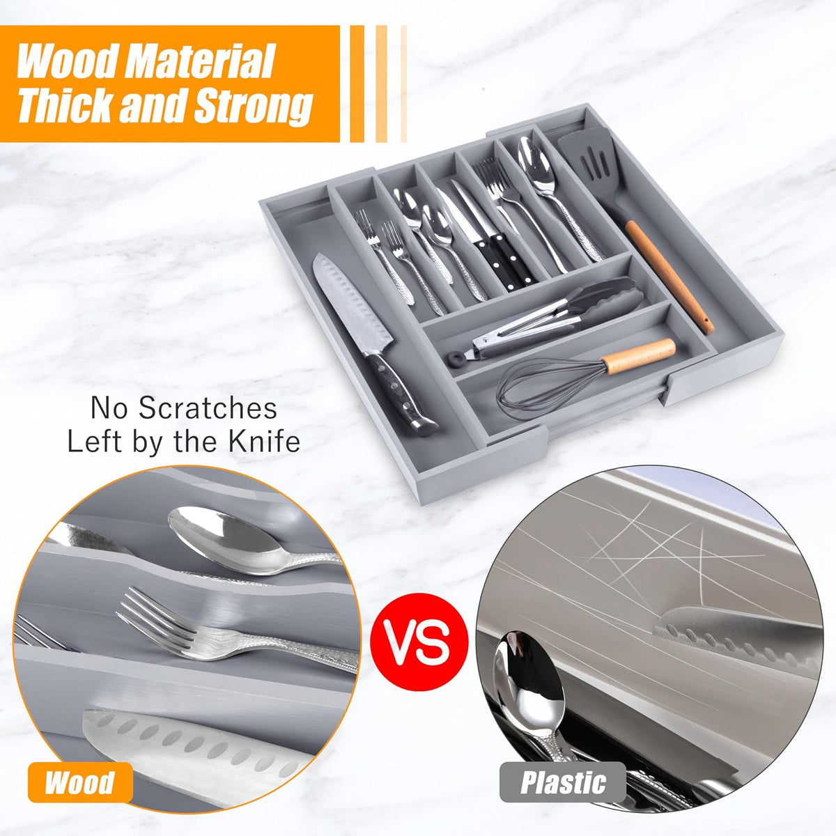 Kitchen Silverware Drawer Organizer and Storage Bamboo Wood Cooking Utensil Holder Cutlery Knife Jewelry Spice Rack Spoon Fork Multi Cabinet Organization Bathroom Counter Expandable Adjustable Tray
