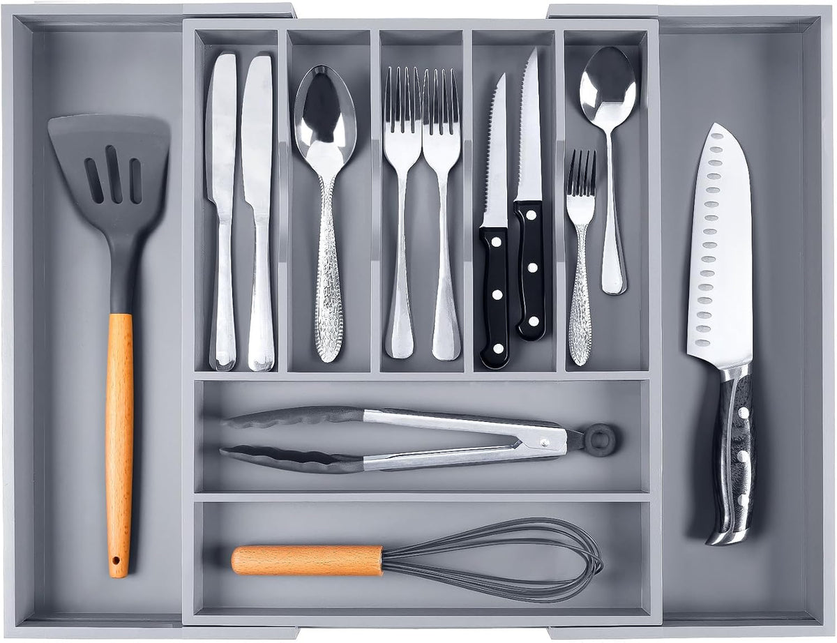 Kitchen Silverware Drawer Organizer and Storage Bamboo Wood Cooking Utensil Holder Cutlery Knife Jewelry Spice Rack Spoon Fork Multi Cabinet Organization Bathroom Counter Expandable Adjustable Tray