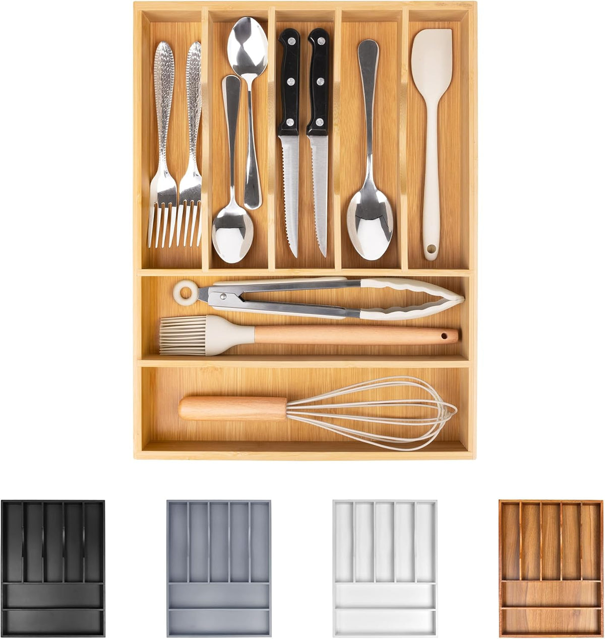 Kitchen Silverware Drawer Organizer and Storage Bamboo Wood Cooking Utensil Holder Cutlery Knife Jewelry Spice Rack Spoon Fork Multi Cabinet Organization Bathroom Counter Expandable Adjustable Tray
