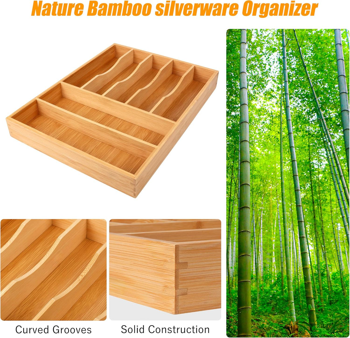 Kitchen Silverware Drawer Organizer and Storage Bamboo Wood Cooking Utensil Holder Cutlery Knife Jewelry Spice Rack Spoon Fork Multi Cabinet Organization Bathroom Counter Expandable Adjustable Tray