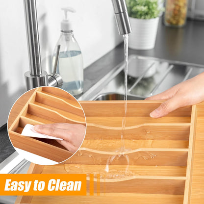 Kitchen Silverware Drawer Organizer and Storage Bamboo Wood Cooking Utensil Holder Cutlery Knife Jewelry Spice Rack Spoon Fork Multi Cabinet Organization Bathroom Counter Expandable Adjustable Tray