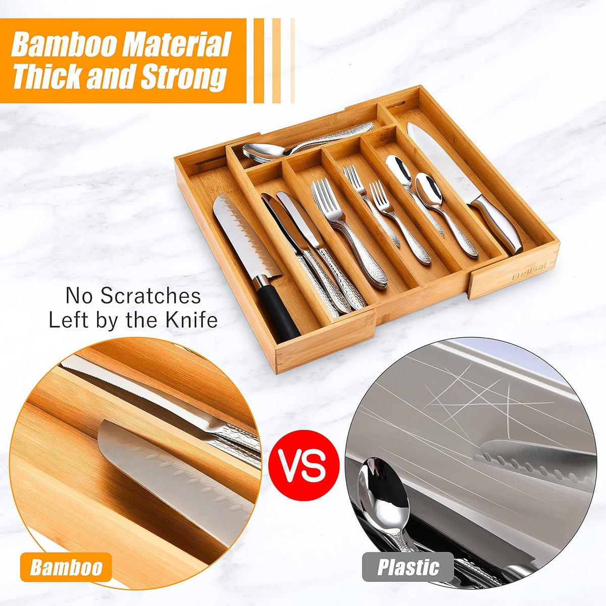 Kitchen Silverware Drawer Organizer and Storage Bamboo Wood Cooking Utensil Holder Cutlery Knife Jewelry Spice Rack Spoon Fork Multi Cabinet Organization Bathroom Counter Expandable Adjustable Tray