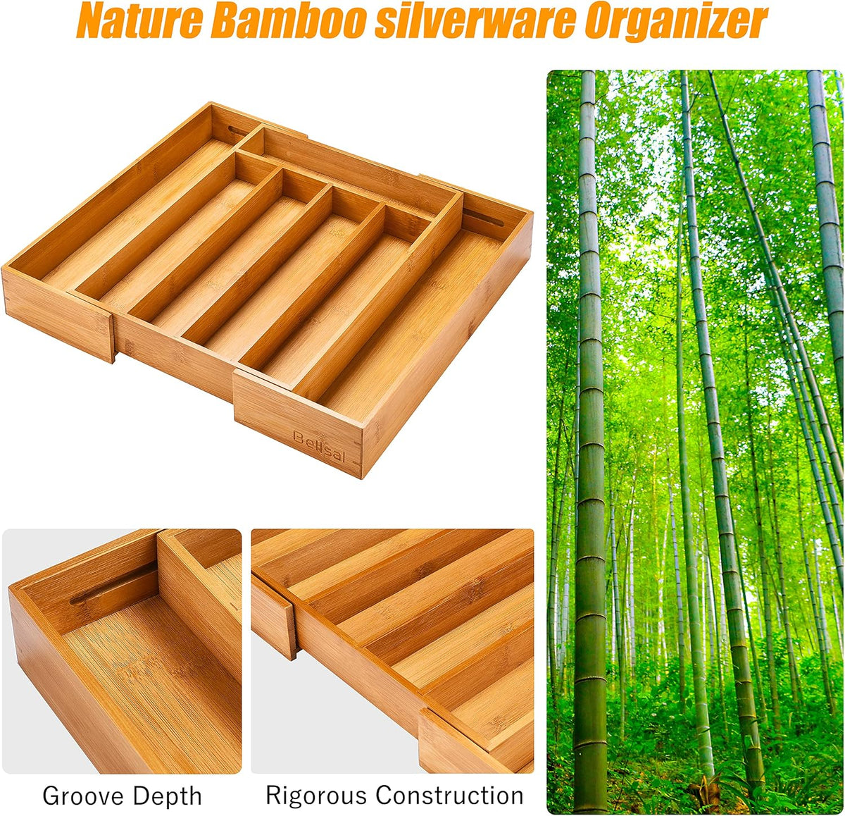 Kitchen Silverware Drawer Organizer and Storage Bamboo Wood Cooking Utensil Holder Cutlery Knife Jewelry Spice Rack Spoon Fork Multi Cabinet Organization Bathroom Counter Expandable Adjustable Tray