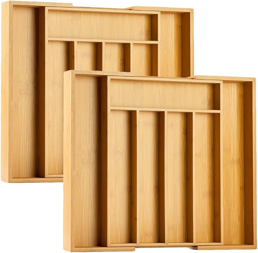 Kitchen Silverware Drawer Organizer and Storage Bamboo Wood Cooking Utensil Holder Cutlery Knife Jewelry Spice Rack Spoon Fork Multi Cabinet Organization Bathroom Counter Expandable Adjustable Tray