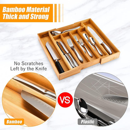 Kitchen Silverware Drawer Organizer and Storage Bamboo Wood Cooking Utensil Holder Cutlery Knife Jewelry Spice Rack Spoon Fork Multi Cabinet Organization Bathroom Counter Expandable Adjustable Tray