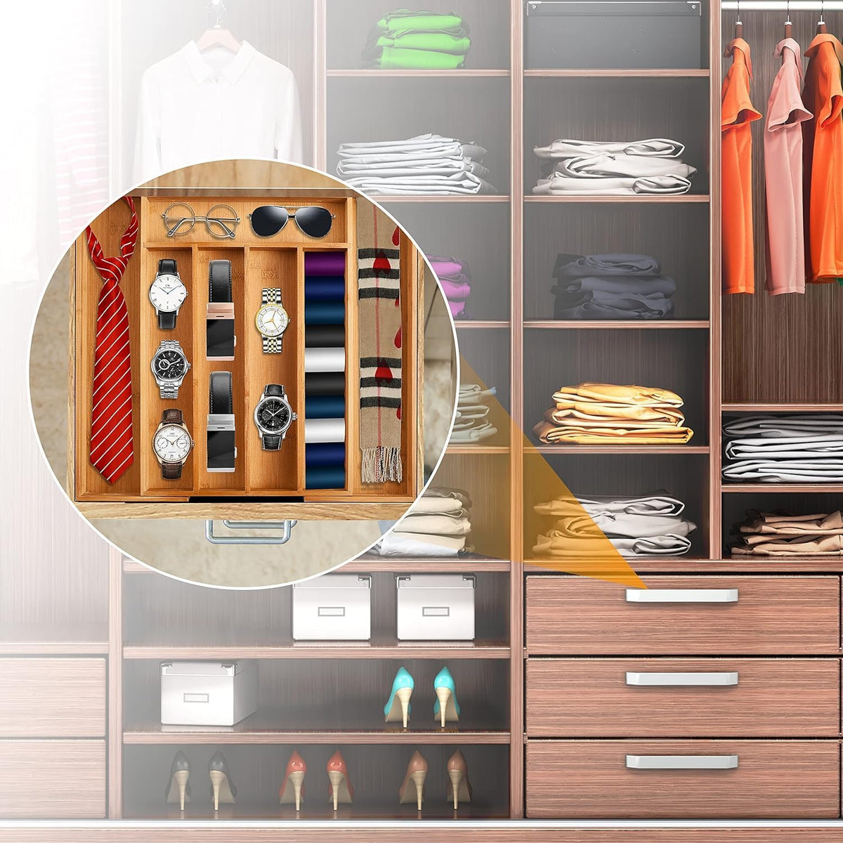 Kitchen Silverware Drawer Organizer and Storage Bamboo Wood Cooking Utensil Holder Cutlery Knife Jewelry Spice Rack Spoon Fork Multi Cabinet Organization Bathroom Counter Expandable Adjustable Tray