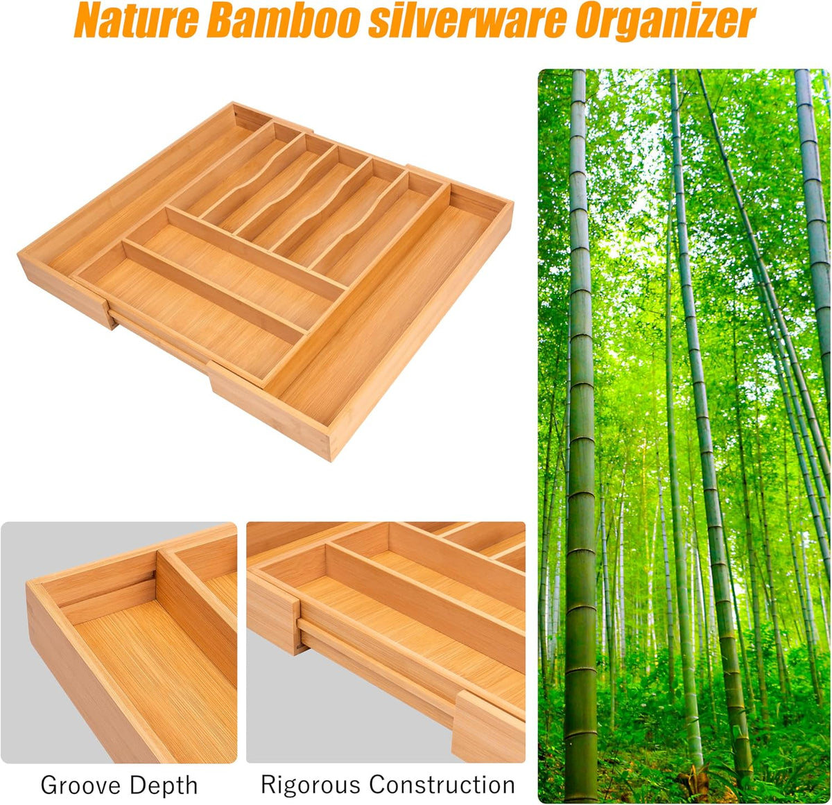 Kitchen Silverware Drawer Organizer and Storage Bamboo Wood Cooking Utensil Holder Cutlery Knife Jewelry Spice Rack Spoon Fork Multi Cabinet Organization Bathroom Counter Expandable Adjustable Tray