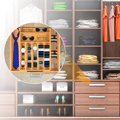 Kitchen Silverware Drawer Organizer and Storage Bamboo Wood Cooking Utensil Holder Cutlery Knife Jewelry Spice Rack Spoon Fork Multi Cabinet Organization Bathroom Counter Expandable Adjustable Tray