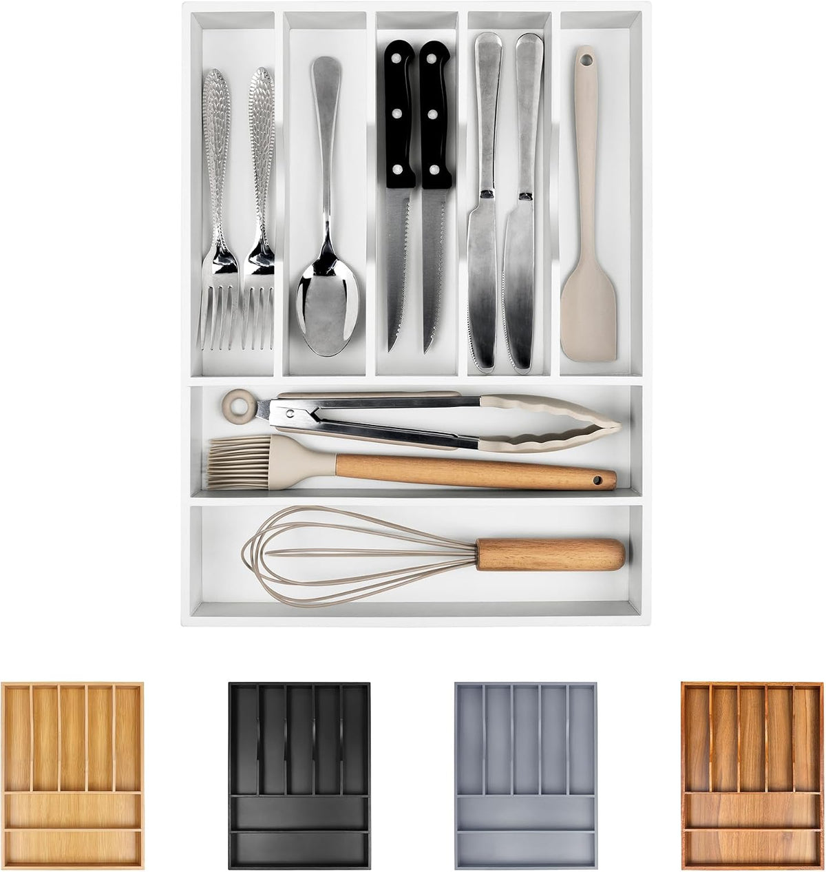 Kitchen Silverware Drawer Organizer and Storage Bamboo Wood Cooking Utensil Holder Cutlery Knife Jewelry Spice Rack Spoon Fork Multi Cabinet Organization Bathroom Counter Expandable Adjustable Tray