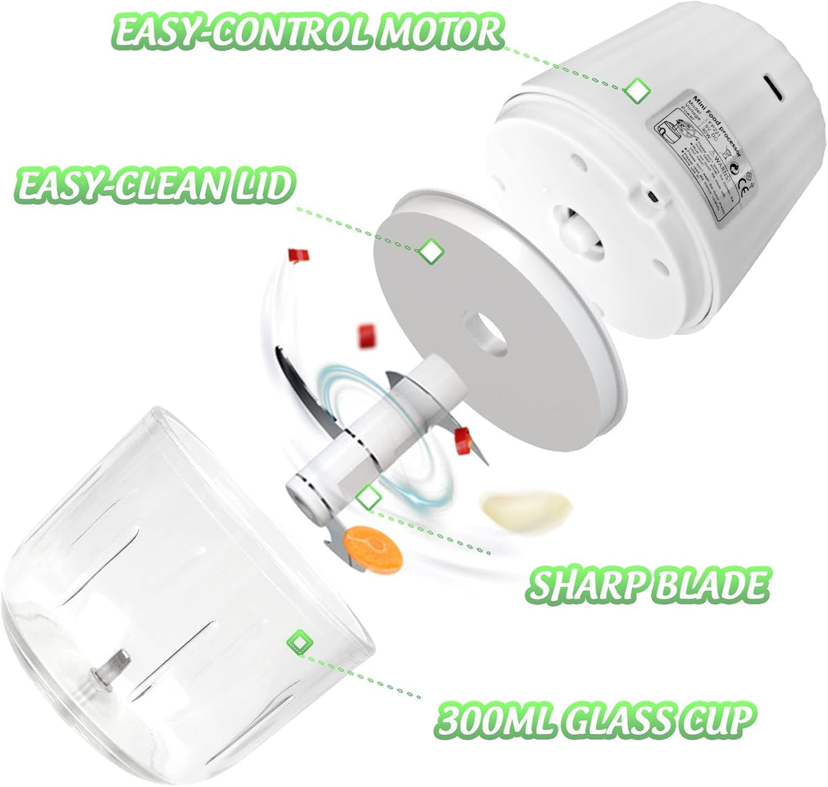 Mini Electric Garlic Chopper 300ML GLASS Food Processor Cordless