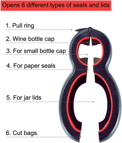 Jar Opener 6 in 1 Multi Function Bottle Opener Manual Opener Get Lids Off Easily Portable Lid Twist Off Non-Slip for Weak Hands Seniors with Arthritis and Anyone with Low Strength