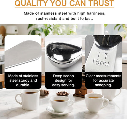 2-Piece Stainless Steel Coffee Scoop Set – 1 Tbsp & 2 Tbsp Measuring Spoons for Ground Coffee, Protein, Sugar – Short Handle Fits Storage Canisters