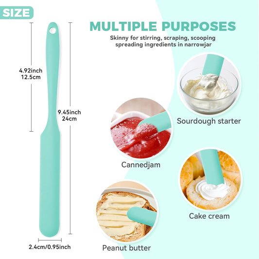Silicone Jar Spatula Set of 3, Long Handle Skinny Spatula and Spurtle for Sourdough Starter, Flexible Jar Scraper for Peanut Butter, Jam, Icing, Cream with No Batter Left Behind (3)