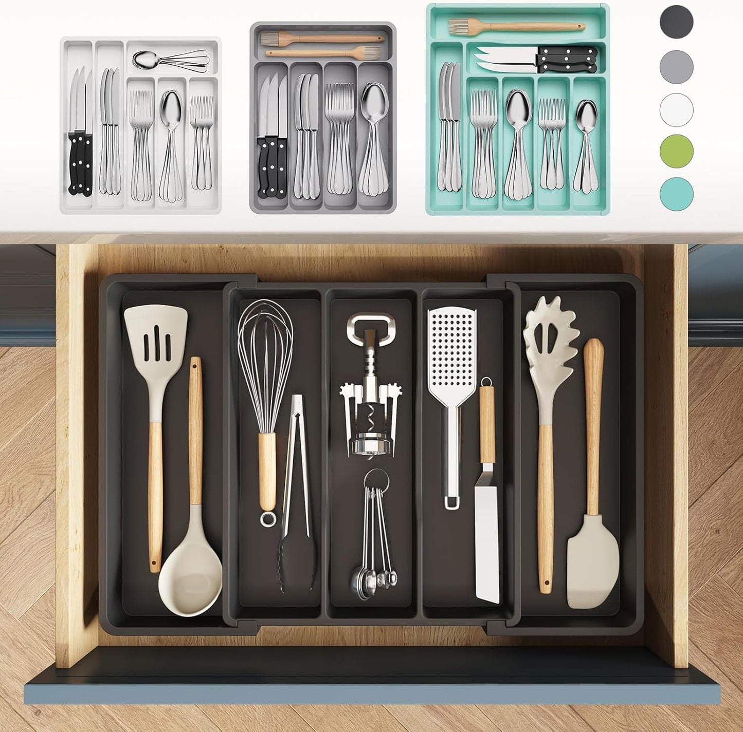 Utensil Organizer for Kitchen Drawers, Expandable Cooking Utensil Tray, Adjustable Cutlery Silverware Flatware Holder, Plastic Spatula Tools Storage Divider, 13-22 x 15", Black