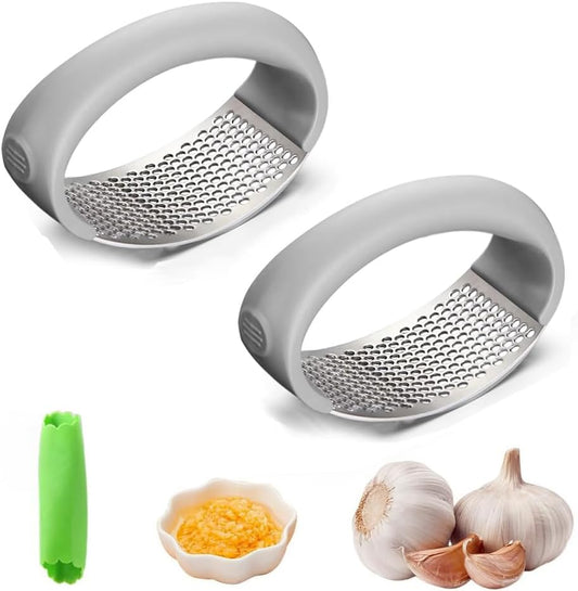 Garlic Press Rocker, 2026 New Portable Manual Stainless Steel Garlic Press Rocker Crusher Masher with Garlic Peeling Drum for Home Kitchen Utensils (Gray 2 pcs)