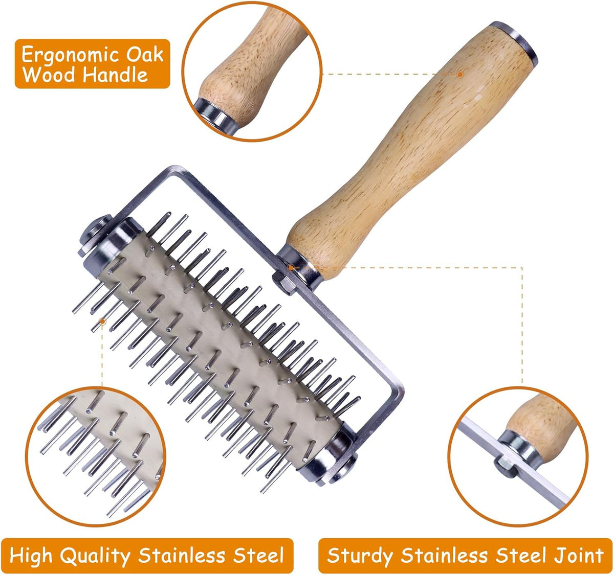 Stainless Steel Pizza Docker, Pizza Dough Docker with Wooden Handle, Pizza Roller with Spikes, Roller Docker, Pizza Hole Puncher, Dough perforator, Pastry, Cookie, Bread, Crust, Baking Dough Piercer