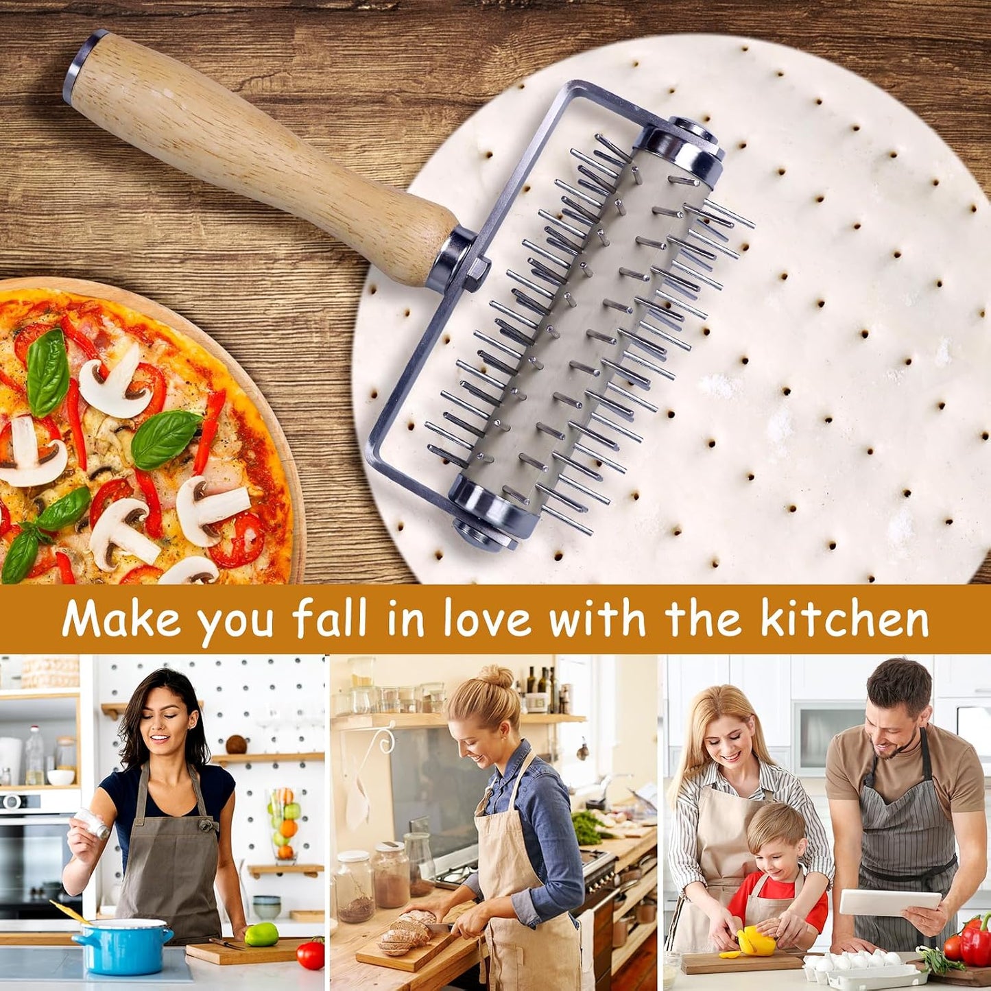 Stainless Steel Pizza Docker, Pizza Dough Docker with Wooden Handle, Pizza Roller with Spikes, Roller Docker, Pizza Hole Puncher, Dough perforator, Pastry, Cookie, Bread, Crust, Baking Dough Piercer