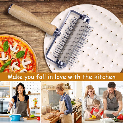 Stainless Steel Pizza Docker, Pizza Dough Docker with Wooden Handle, Pizza Roller with Spikes, Roller Docker, Pizza Hole Puncher, Dough perforator, Pastry, Cookie, Bread, Crust, Baking Dough Piercer