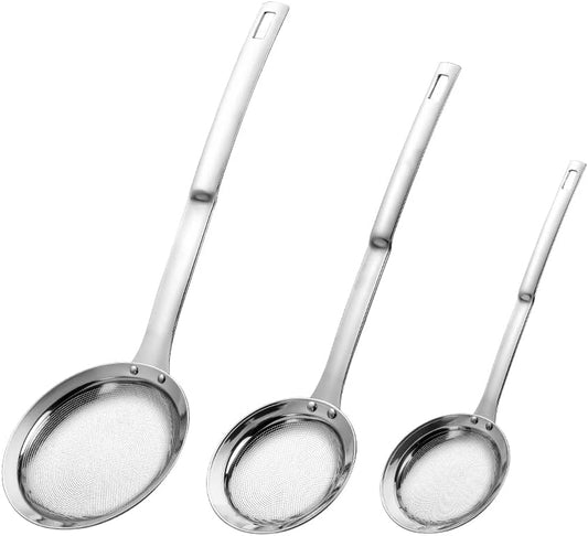 3Pack Sieve Fine Mesh Strainer Set Stainless Steel Metal Flat Cooking Skimmer Ladle Colander With Handle Food Strainer Kitchen Tools For Kitchen Baking Oil Filter Flour Sifter Foam,L M Small