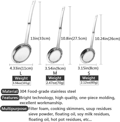 3Pack Sieve Fine Mesh Strainer Set Stainless Steel Metal Flat Cooking Skimmer Ladle Colander With Handle Food Strainer Kitchen Tools For Kitchen Baking Oil Filter Flour Sifter Foam,L M Small
