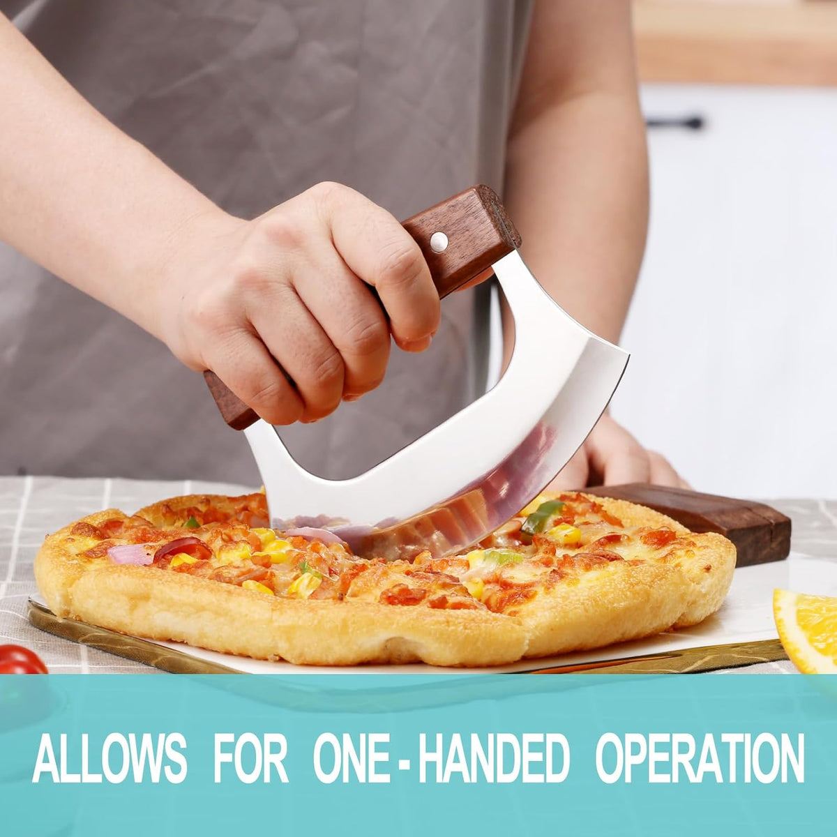 Ulu Knife with Stand for Cutter Pizza Meat Vegetables Herb Salad