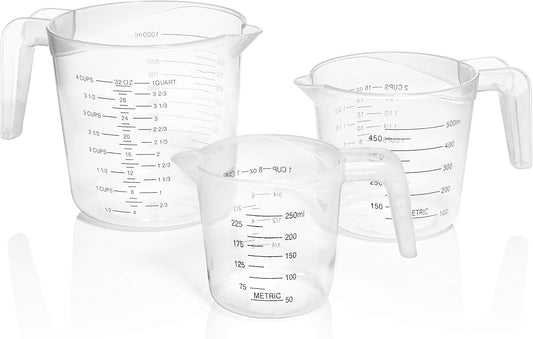 3pc Liquid Measuring Cups Set - 1 Cup, 2 Cup, 1 Quart | Clear Plastic Measure Cups with Long Handles