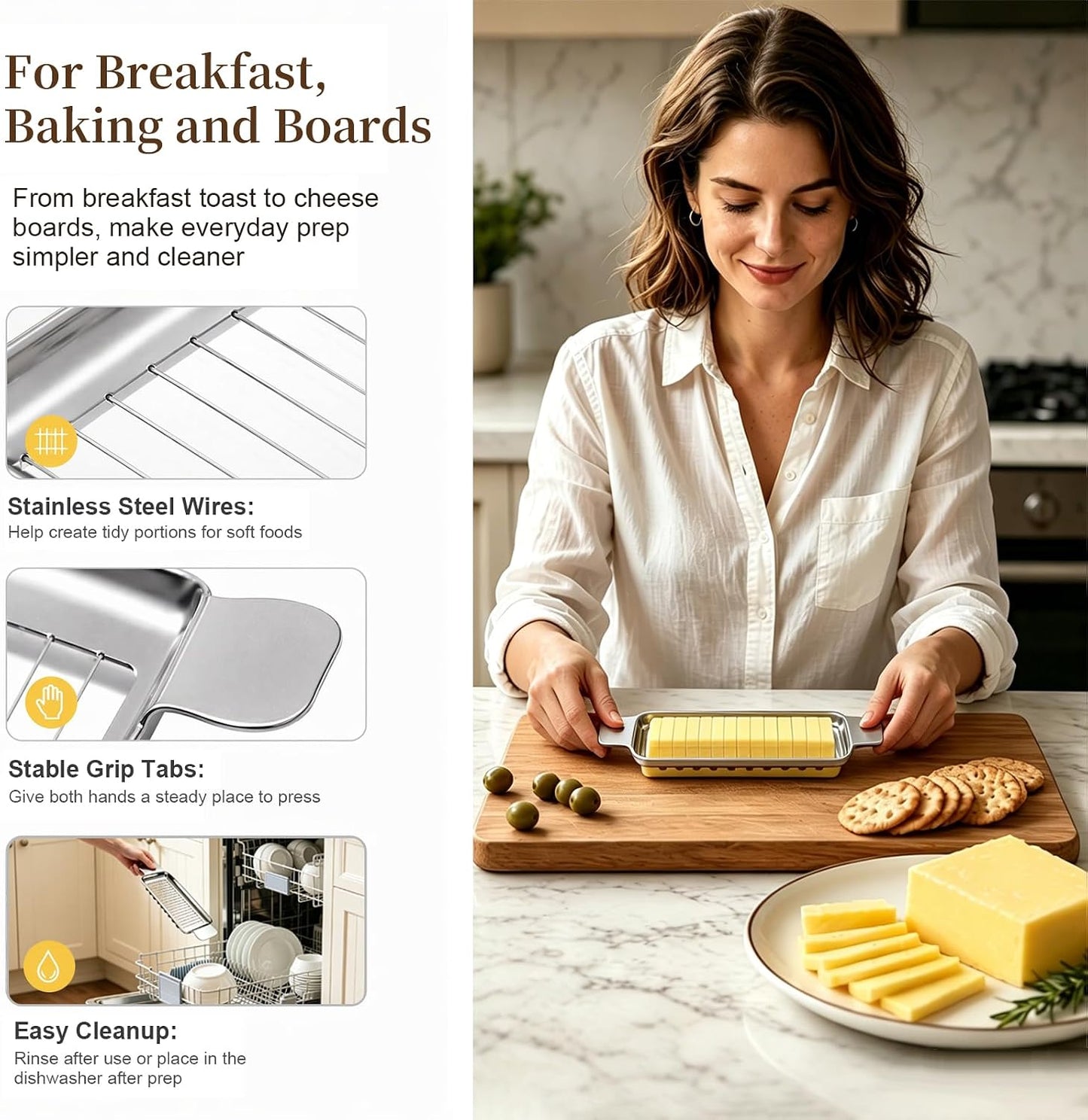Butter Cutter and Cheese Slicer, Dishwasher-Safe Stainless Steel | Wire slicer for butter sticks, soft cheese, eggs, tofu, fruit, and lunch meat; ergonomic grip, easy cleanup