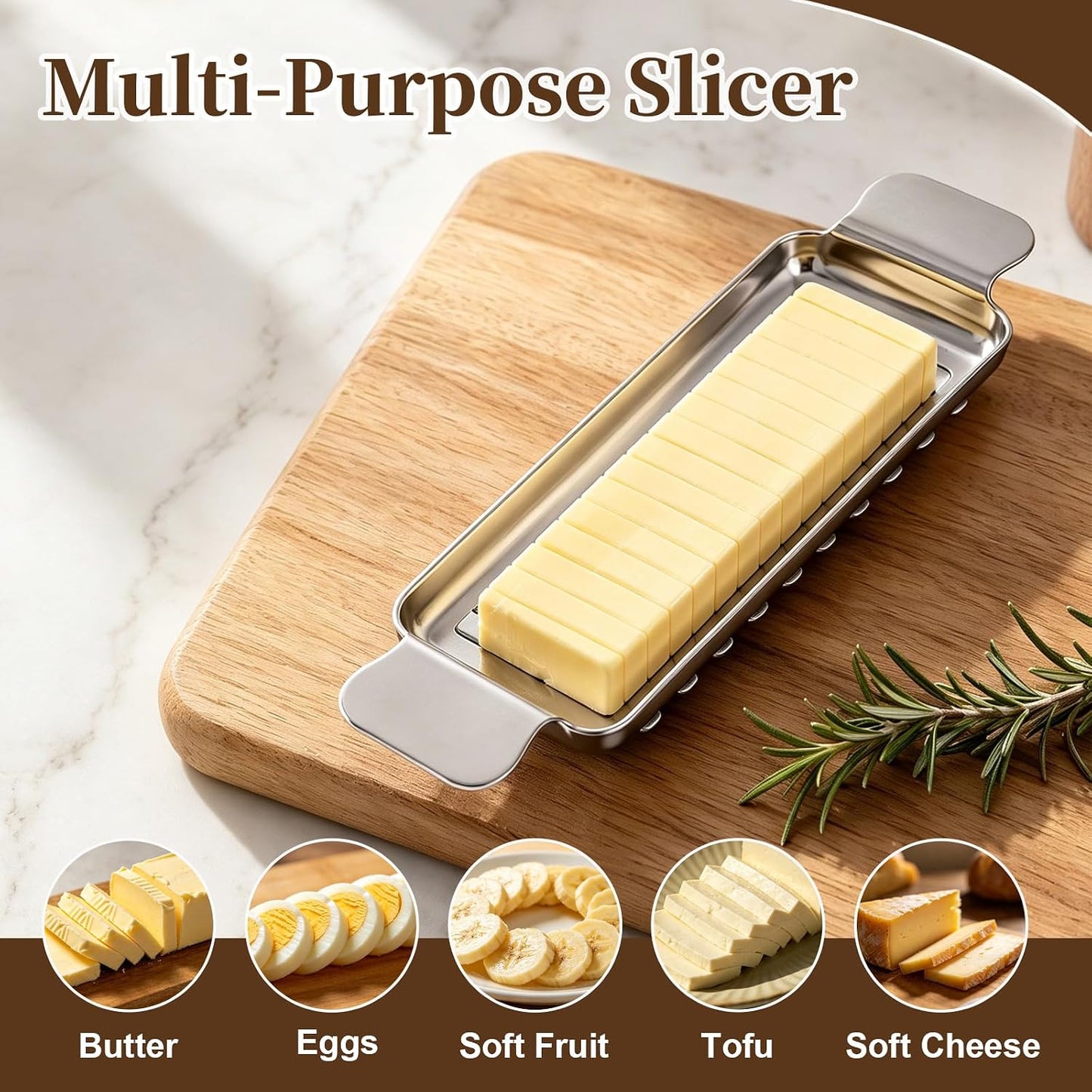 Butter Cutter and Cheese Slicer, Dishwasher-Safe Stainless Steel | Wire slicer for butter sticks, soft cheese, eggs, tofu, fruit, and lunch meat; ergonomic grip, easy cleanup