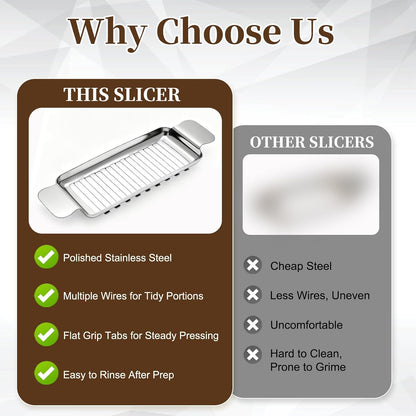 Butter Cutter and Cheese Slicer, Dishwasher-Safe Stainless Steel | Wire slicer for butter sticks, soft cheese, eggs, tofu, fruit, and lunch meat; ergonomic grip, easy cleanup