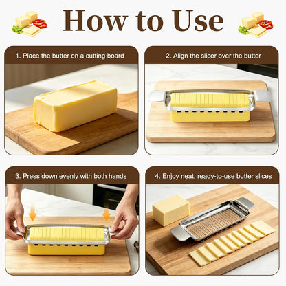 Butter Cutter and Cheese Slicer, Dishwasher-Safe Stainless Steel | Wire slicer for butter sticks, soft cheese, eggs, tofu, fruit, and lunch meat; ergonomic grip, easy cleanup